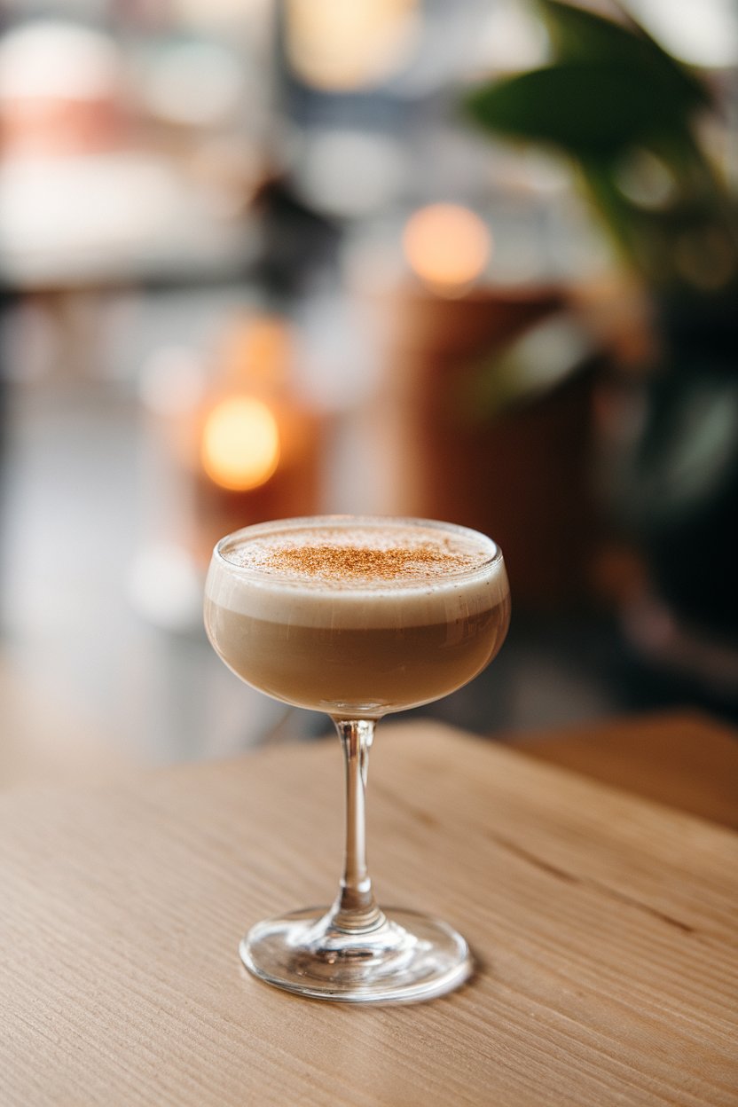 Photo of a stemmed goblet indoors containing a creamy off-white cocktail topped with grated nutmeg, soft morning café lighting, no text or logos