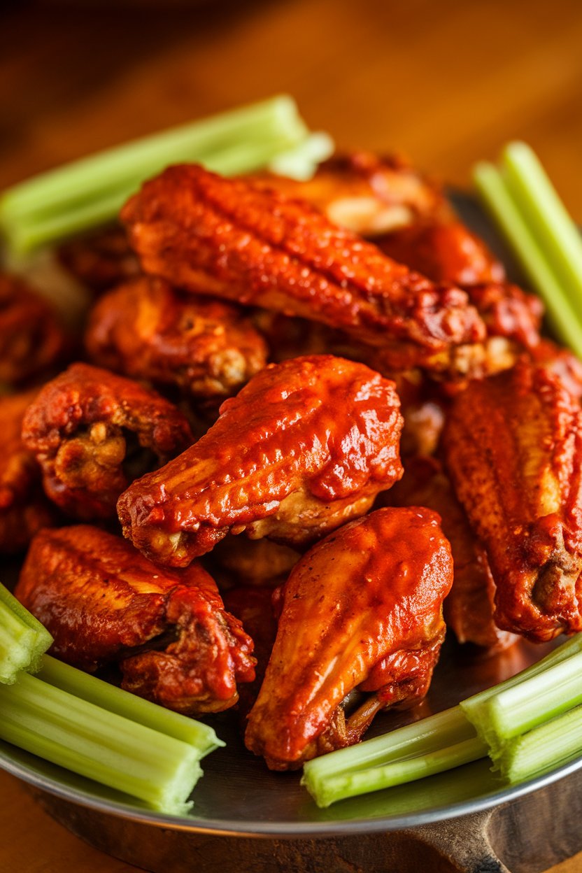 Indoor photo of a platter of baked chicken wings coated in bright red Cajun sauce, celery sticks alongside; no text or logos