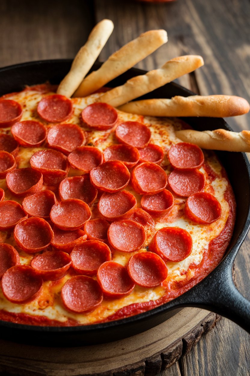 Indoor cast-iron skillet of bubbling pizza dip topped with mini pepperoni, breadsticks alongside, no text or logos