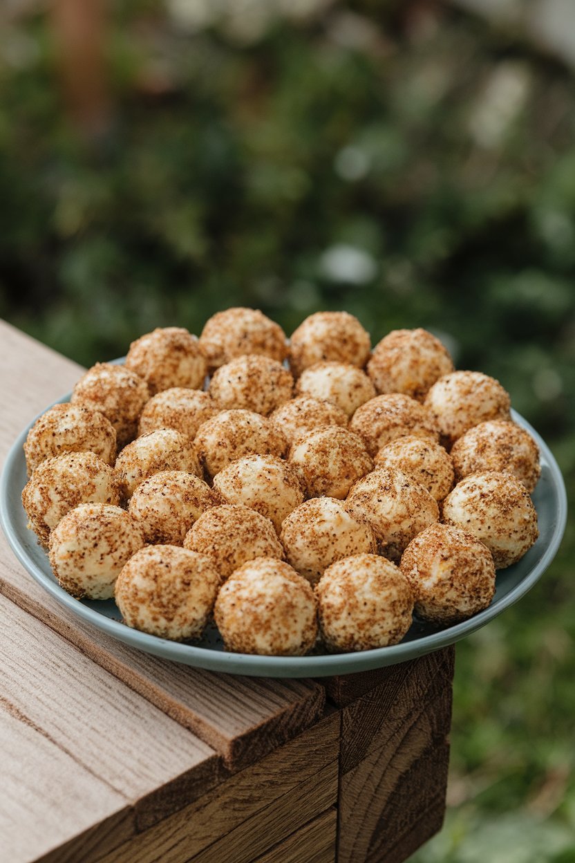 Indoor plate of mini cream cheese balls rolled in everything bagel seasoning, no text or logos