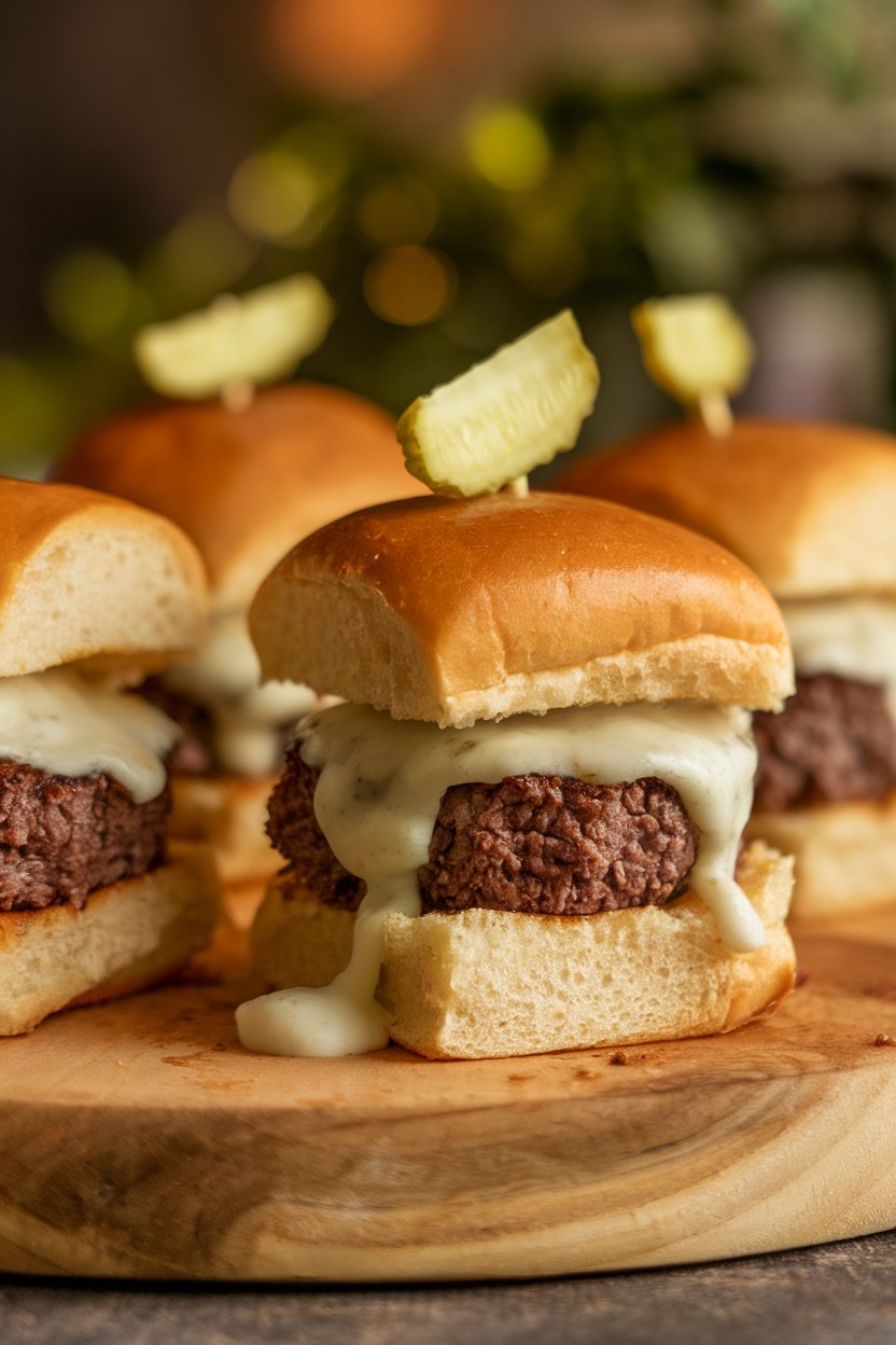 Indoor photo of small beef patties with melted American cheese tucked inside soft slider buns, pickle chips peeking out. Warm lighting, no text or logos.