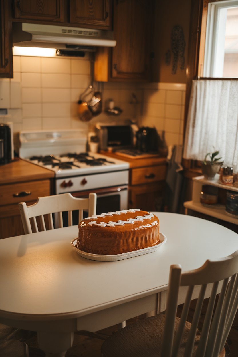 A cozy indoor kitchen scene with an oval maple pound cake glazed in maple-brown icing, white fondant laces centered—no text or logos.