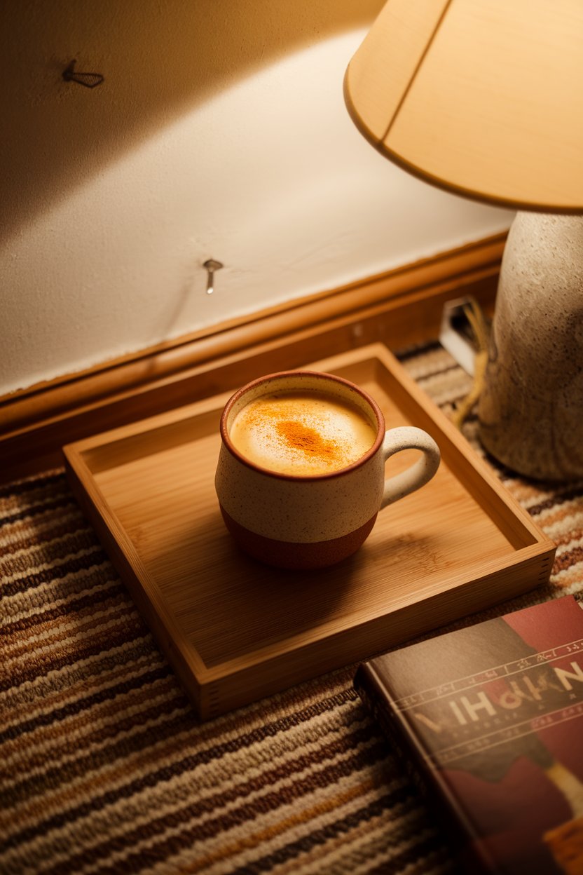 A calm indoor reading nook with a ceramic mug of warm golden milk, light froth on top, turmeric dusted lightly. No logos or text. Photo.