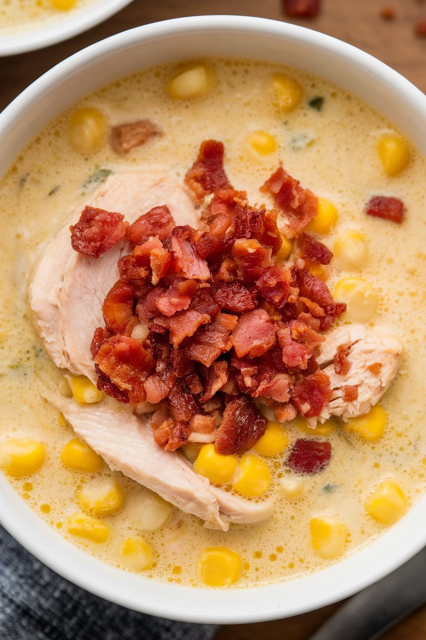 Indoor soup bowl of creamy chicken corn chowder with bacon crumbles on top. Photo only.