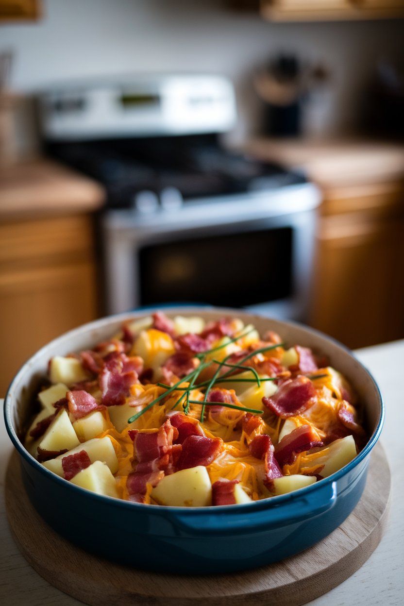 Indoor photo of a baking dish filled with cubed potatoes, bacon pieces, melted cheddar, and a sprinkling of chives. Soft overhead light; no text or logos.