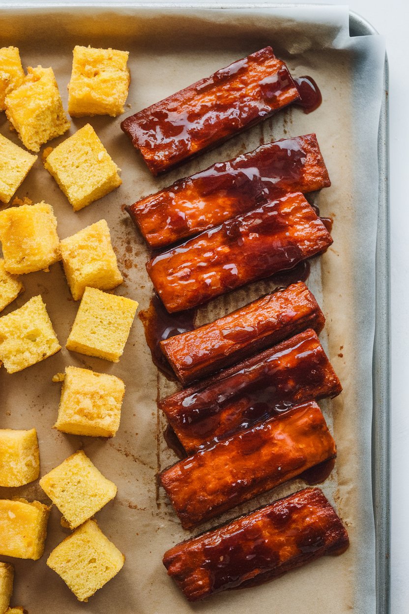 Indoor photo of barbecue-glazed tempeh strips and toasted cornbread cubes on a parchment-lined sheet pan, both caramelized. No text or logos.
