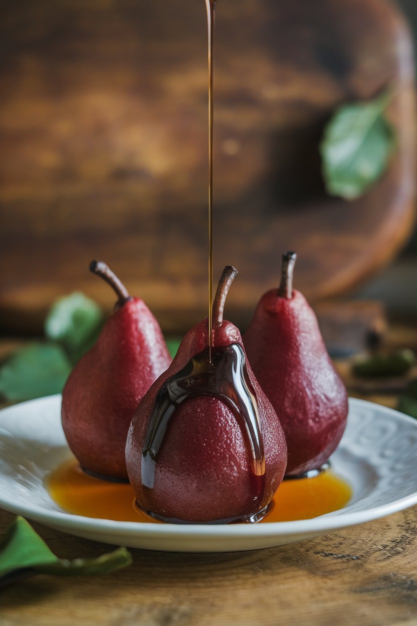 Photo of small Bartlett pears stained burgundy from red wine poaching, plated indoors with reduced syrup drizzle. No text or logos.