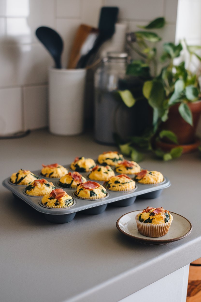 An indoor kitchen island displaying a muffin tin filled with mini egg muffins studded with turkey bacon and spinach, one muffin placed on a small plate. No text or logos present. Photo, not illustration.