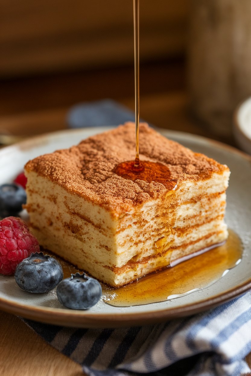 Cinnamon-sugar crusted pancake square on a cozy indoor plate, no text or logos.