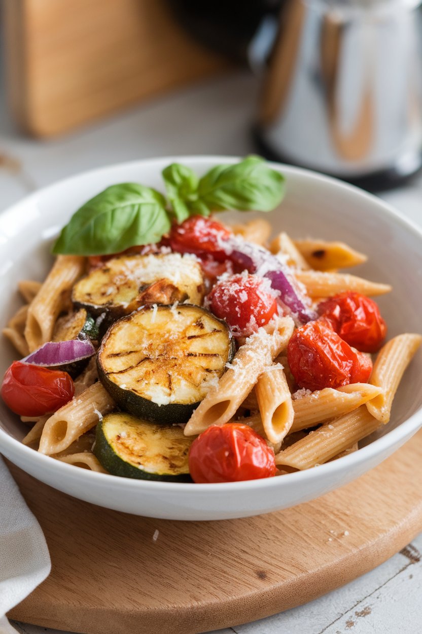 Indoor photo of a pasta bowl filled with whole-wheat penne, roasted zucchini, cherry tomatoes, red onion, and a sprinkle of grated Parmesan. No text or logos.