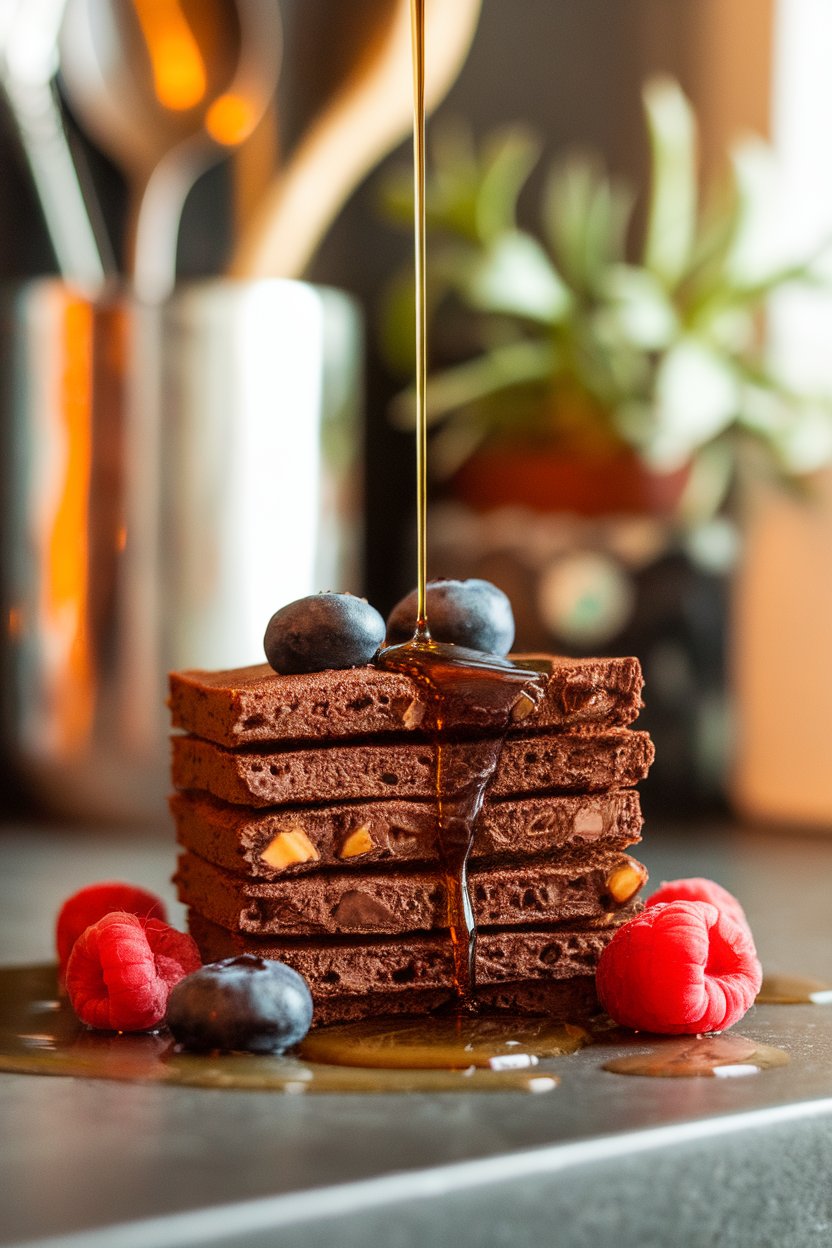 A dark cocoa pancake square with melted chocolate chunks visible, indoor countertop, no text or logos.