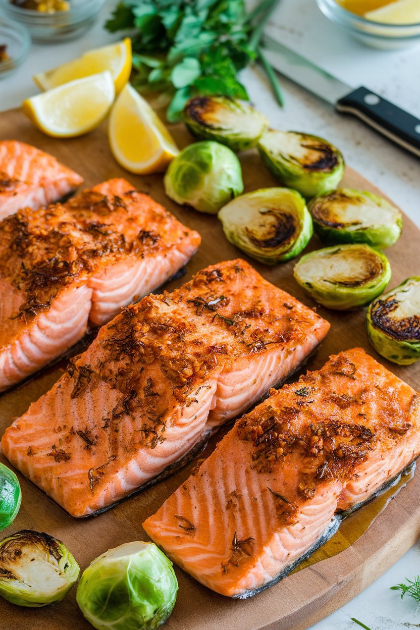 Indoor photo of salmon fillets coated in golden honey-mustard, halved Brussels sprouts roasted alongside, lightly charred edges visible. No text or logos.