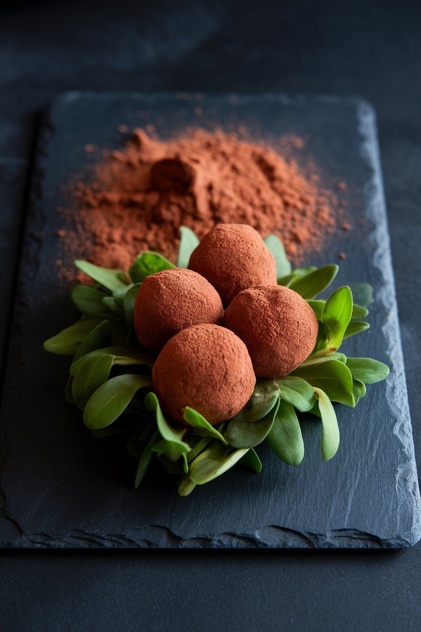 Velvet-red truffle spheres dusted lightly with cocoa, arranged on an indoor slate board. No text or logos present.