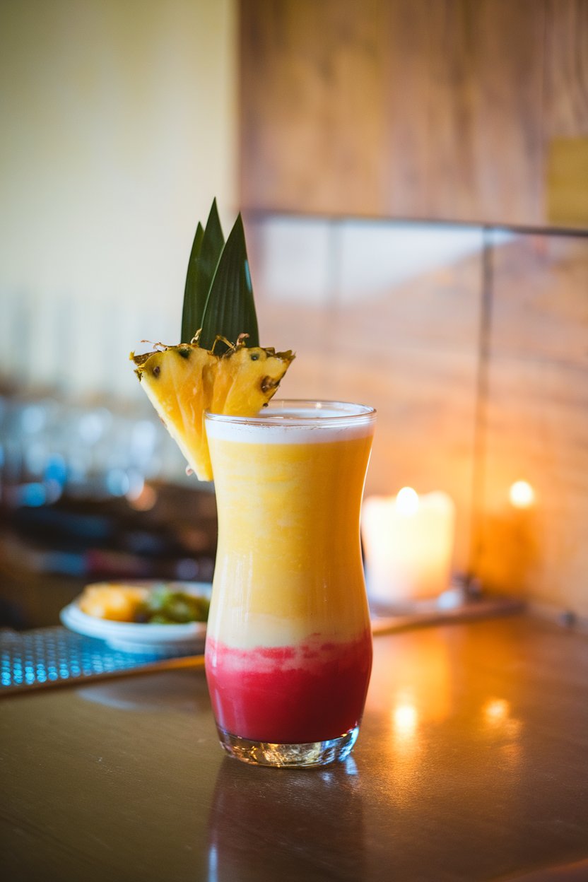 Indoor bar with a hurricane glass showing a layered yellow-to-red drink, pineapple leaf garnish. No text or logos.