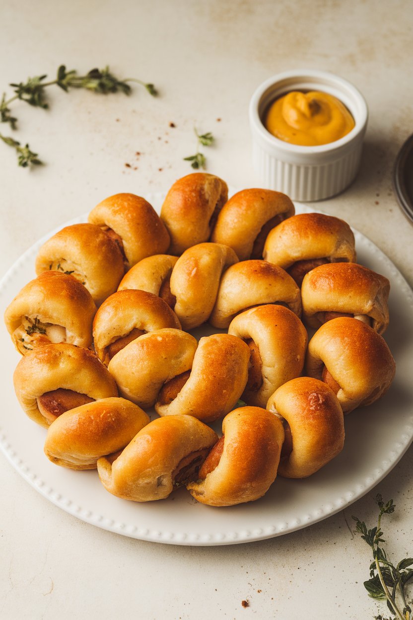 Indoor photo of golden crescent-roll wrapped mini sausages on a white platter with a ramekin of mustard. No text or logos.