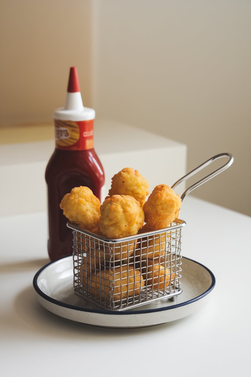 Indoor photo of golden cauliflower tots served in a small wire basket with ketchup on the side. No visible logos or text.