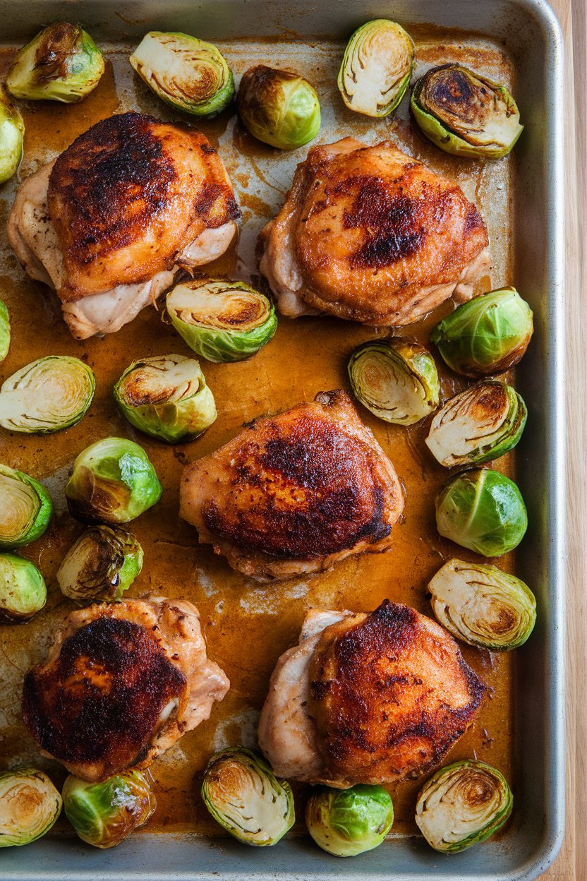 Indoor photo of browned chicken thighs and halved Brussels sprouts glazed with maple-mustard sauce on a sheet pan. No text or logos.