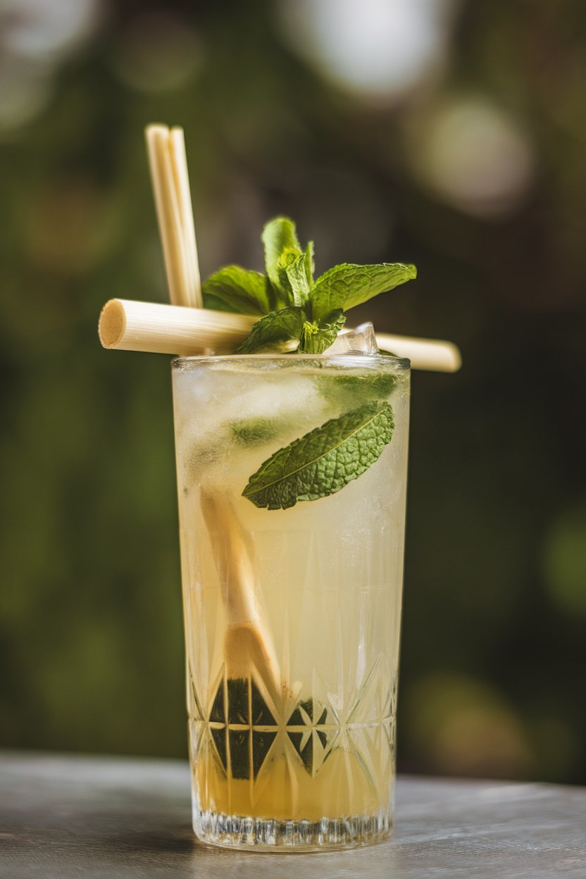 Photo indoors of a tall glass with light golden mojito, lemongrass stalk stirrer, mint leaves; no text or logos.