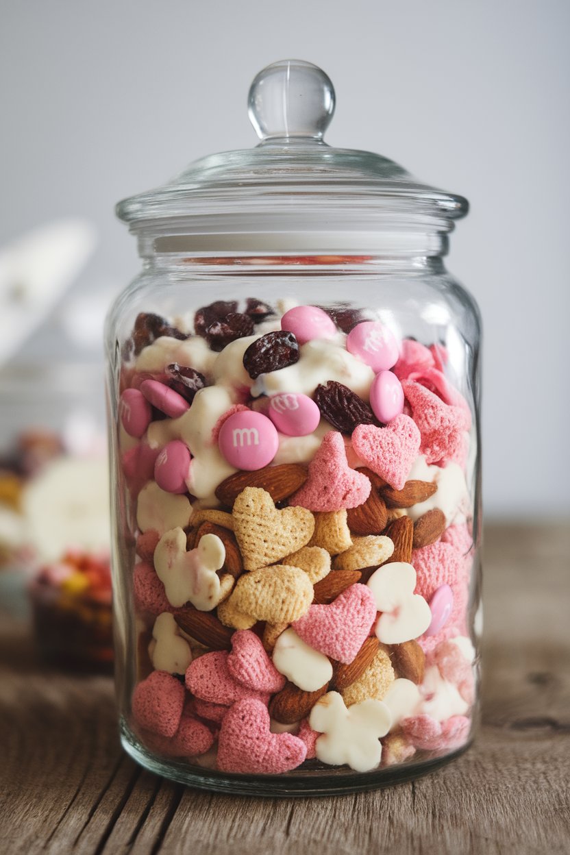 A glass storage jar filled with yogurt-covered raisins, pink M&Ms, heart cereal, and roasted almonds, photographed indoors. No logos present.
