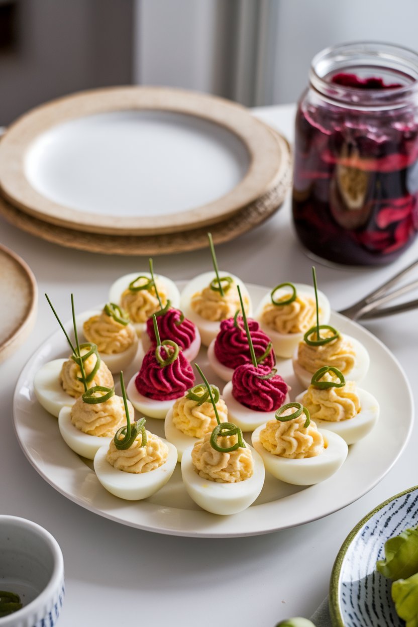 An indoor brunch table featuring a deviled egg platter with three flavors: classic, smoked paprika, and pickled beet (purple), each topped with tiny green chive rings. No logos visible.