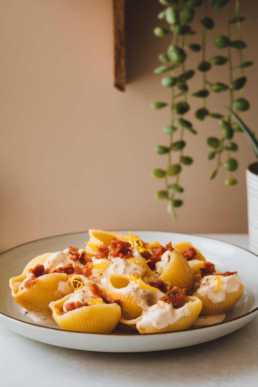 Indoor photo of pasta shells tossed in creamy ricotta sauce with crispy pancetta bits and lemon zest, no text or logos