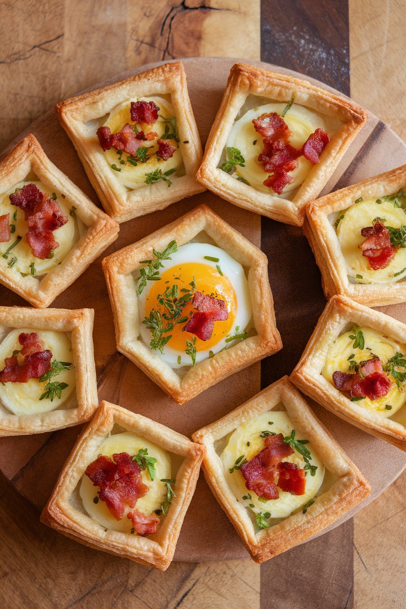Indoor photo of bite-size puff pastry tartlets filled with egg, bacon bits, and herbs on a wooden board, no text or logos
