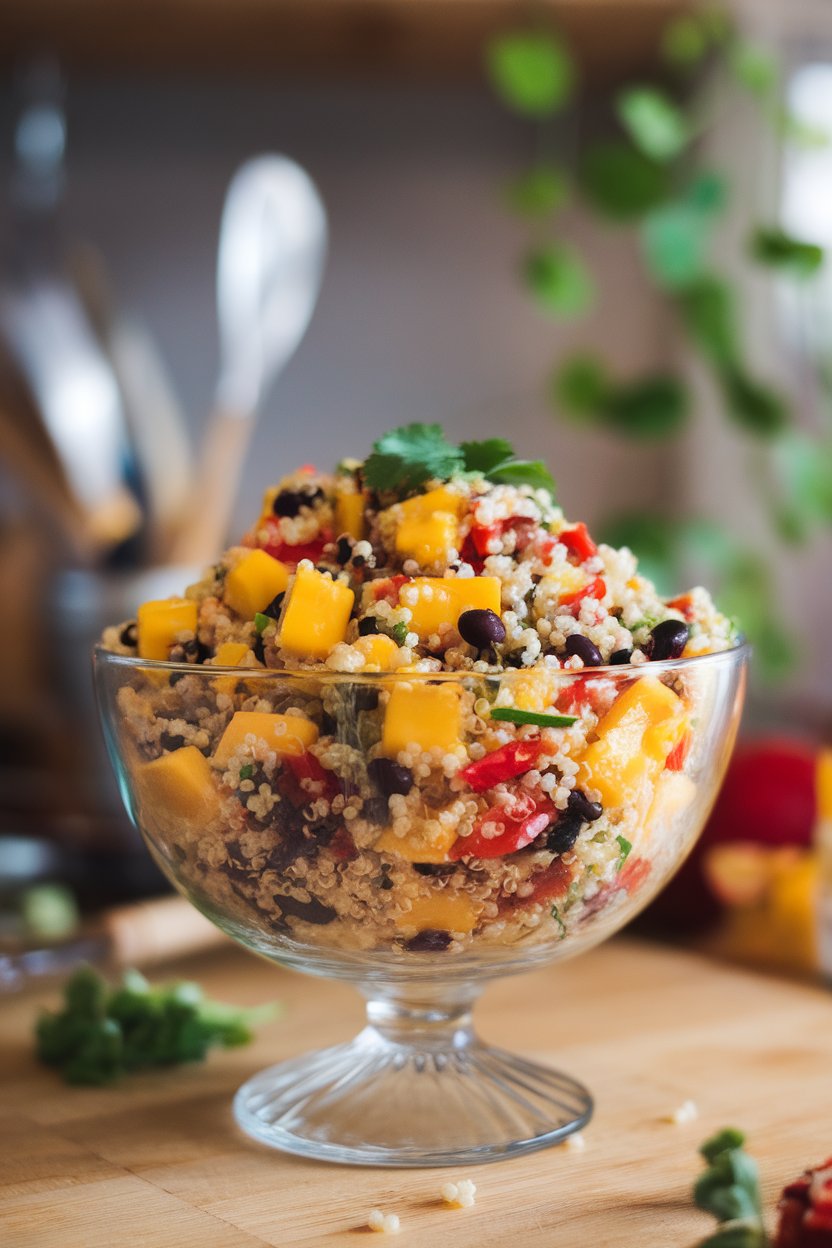Indoor photo of a glass bowl filled with colorful quinoa salad featuring diced mango, black beans, red bell pepper, and cilantro. No text or logos.