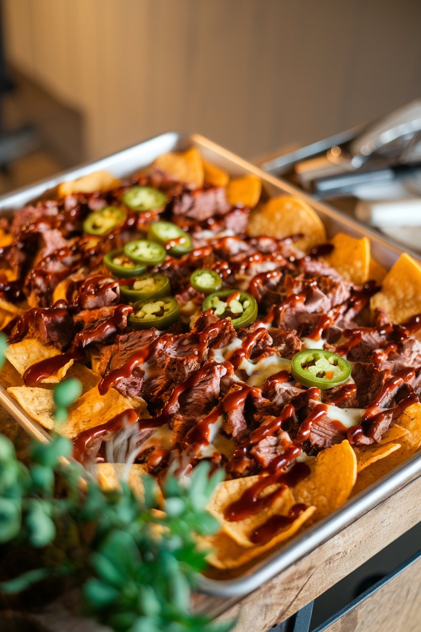Indoor photo of a sheet pan loaded with tortilla chips, chopped brisket, melted cheese, jalapeños, and a drizzle of barbecue sauce. No text or logos.