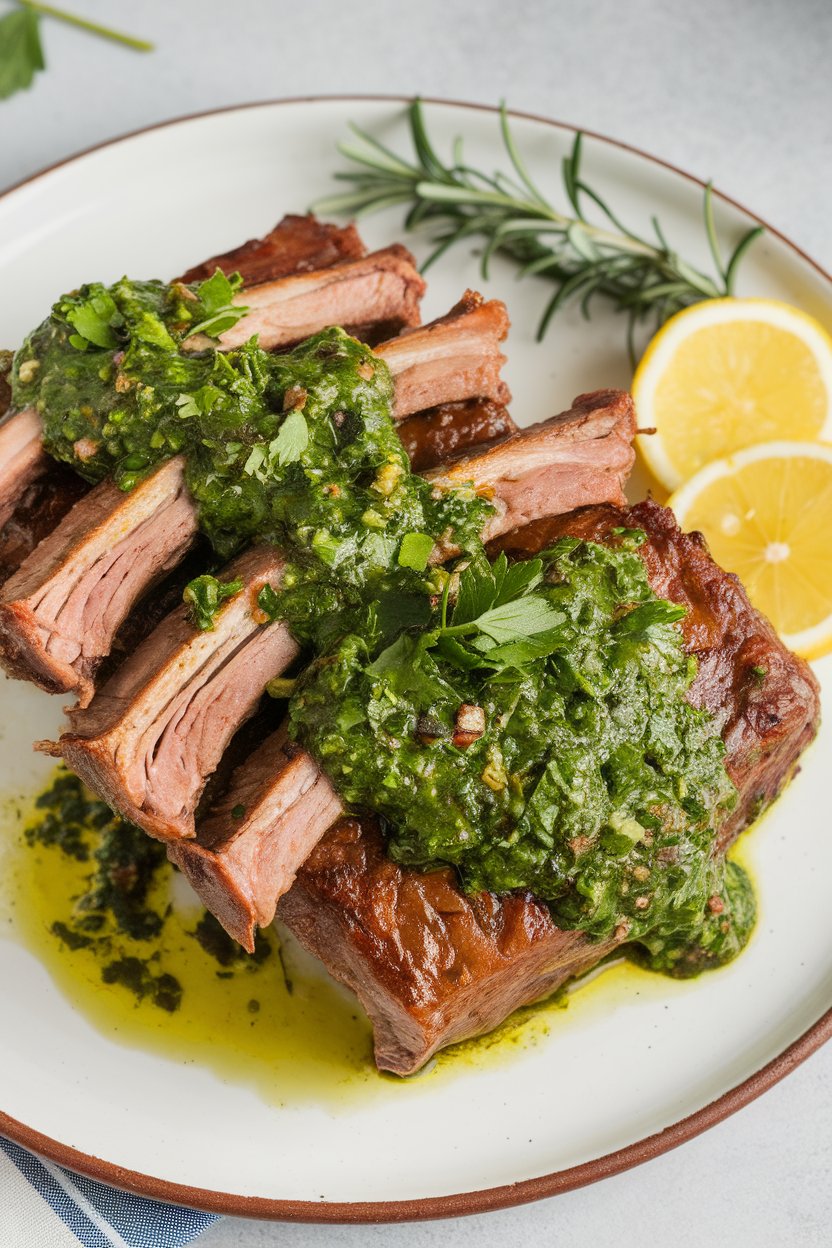 Indoor photo of short ribs topped with bright green chimichurri sauce; no text or logos