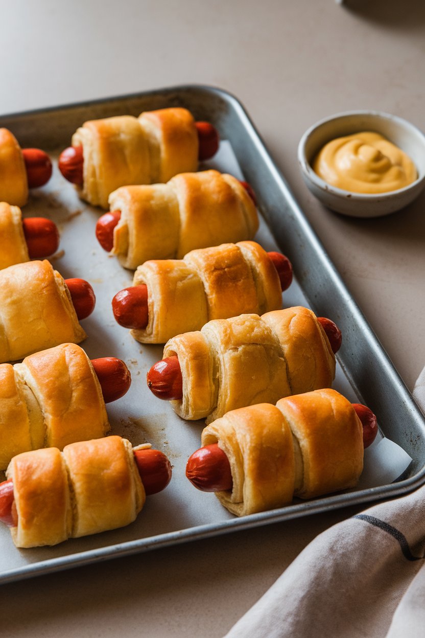 Photo of mini hot dogs wrapped in golden puff pastry on a baking tray indoors, small bowl of mustard beside, no text or logos