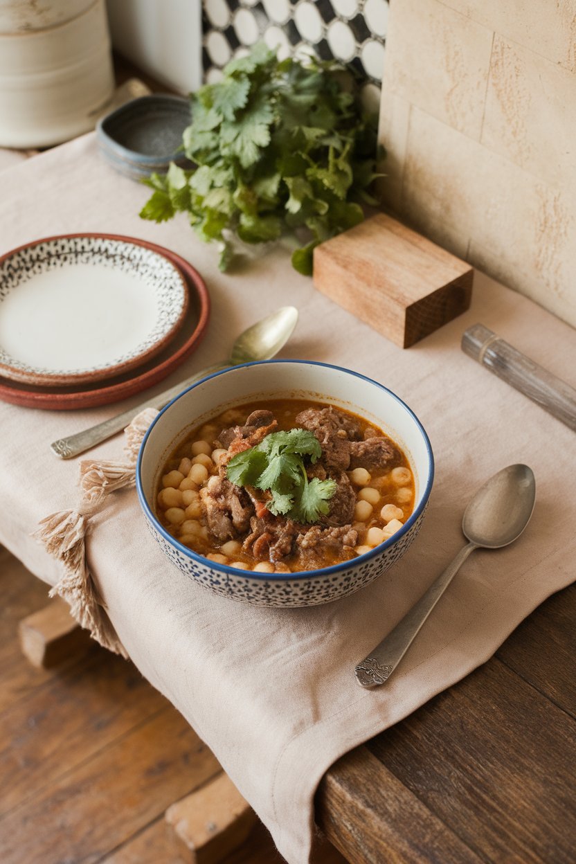 Indoor southwestern table showcasing a bowl of beef stew with hominy kernels and mild green chiles, topped with cilantro. No text or logos. Photo.