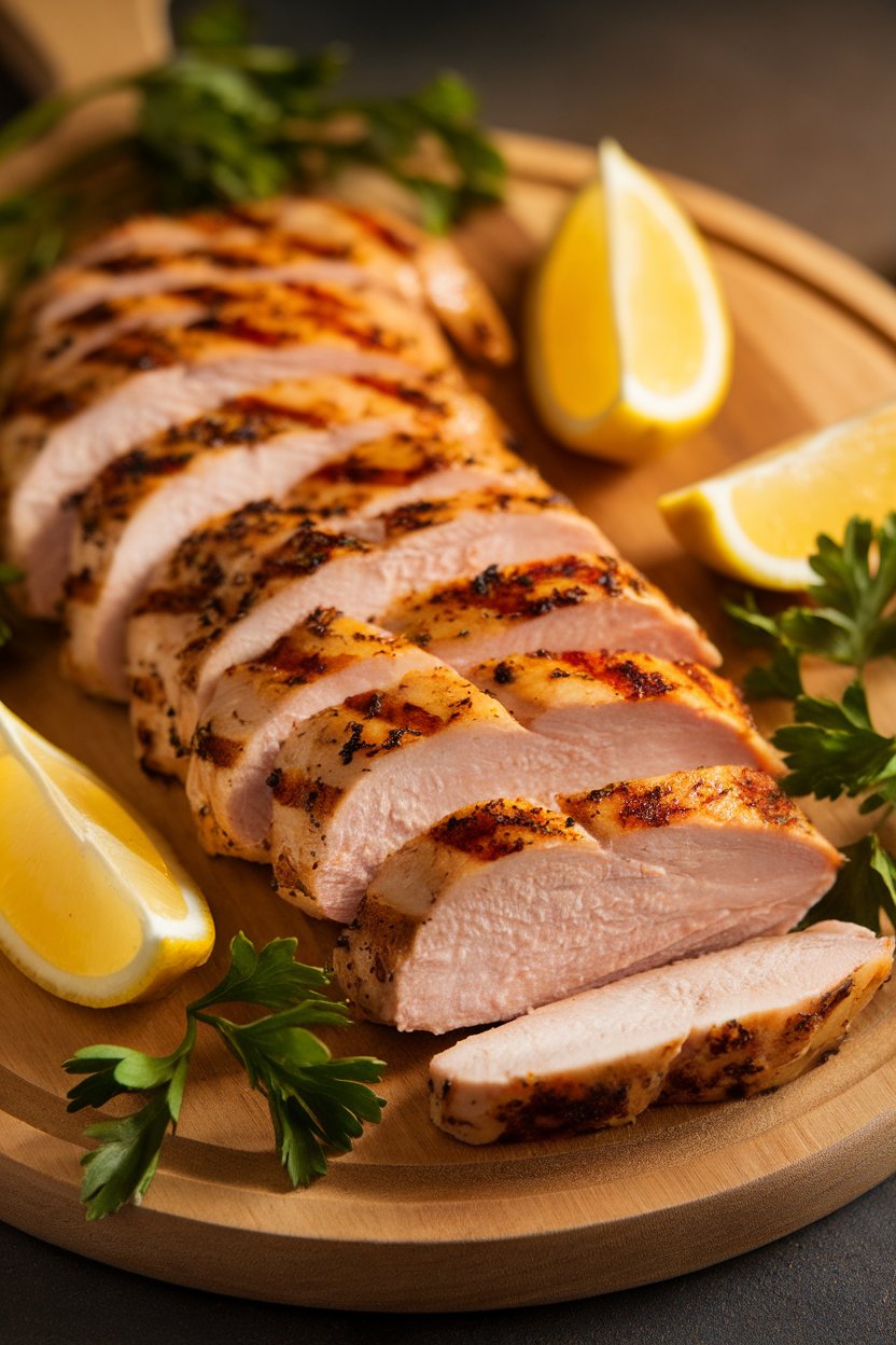 Indoor photo of sliced grilled chicken breast arranged on a wooden board with lemon wedges and parsley sprigs. No text or logos.