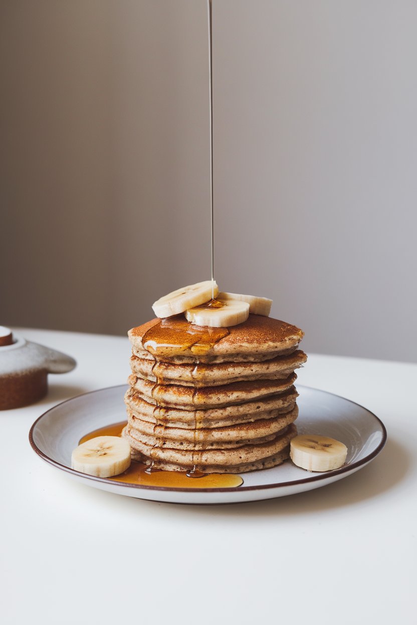 Indoor breakfast table with a neat stack of oatmeal banana pancakes, a drizzle of pure maple syrup, and sliced bananas on top. No text or logos on plates or background; photo.