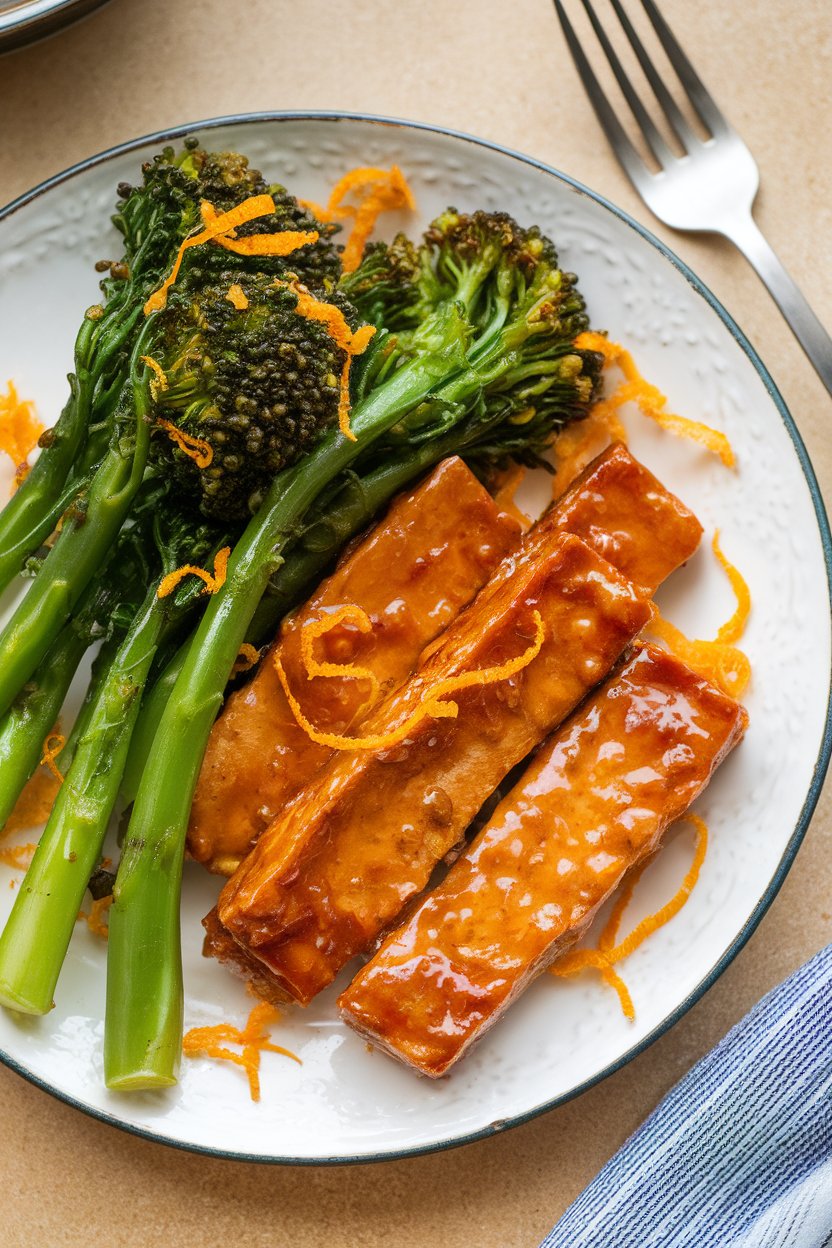 Indoor photo of glazed tempeh strips and bright green broccolini florets on a dinner plate, garnished with orange zest. No text or logos.