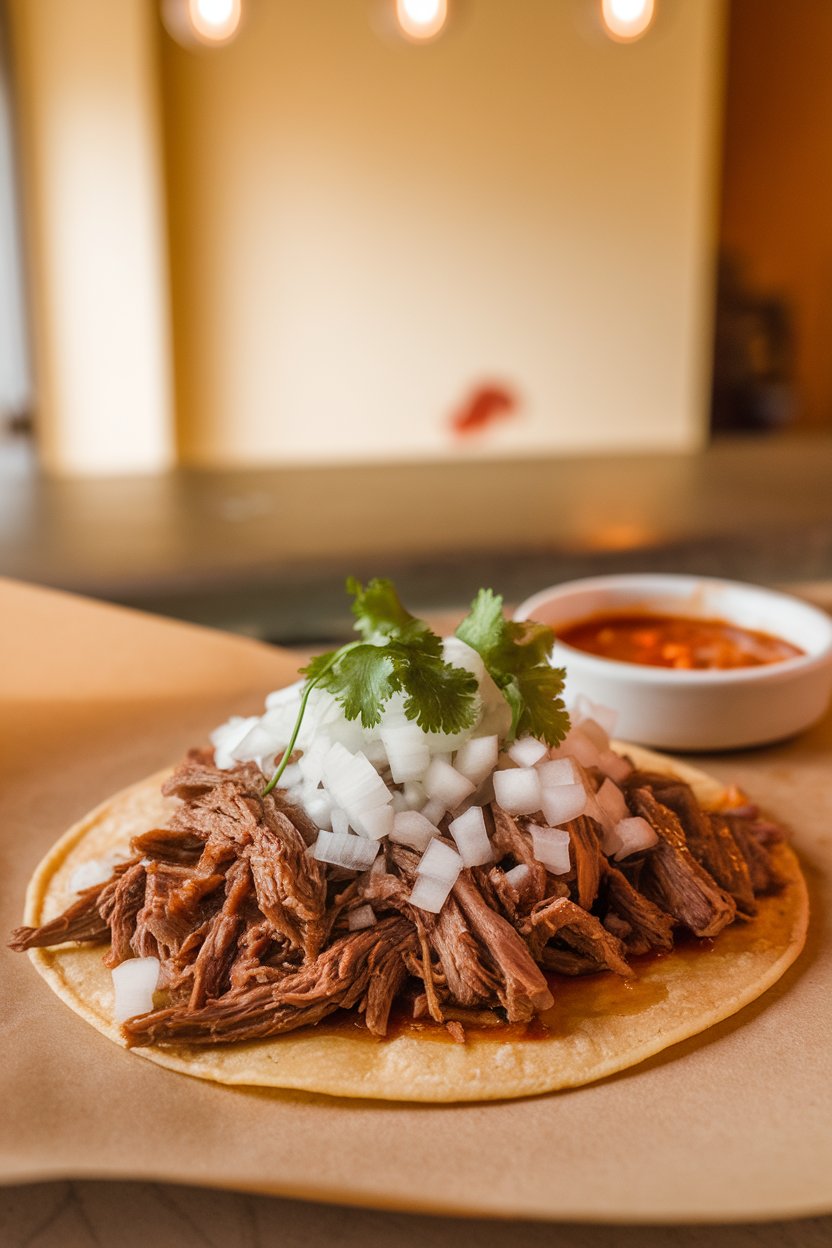 A warmly lit indoor counter featuring a soft corn tortilla filled with juicy shredded barbacoa beef, diced onions, and cilantro; photo only, no logos or text.