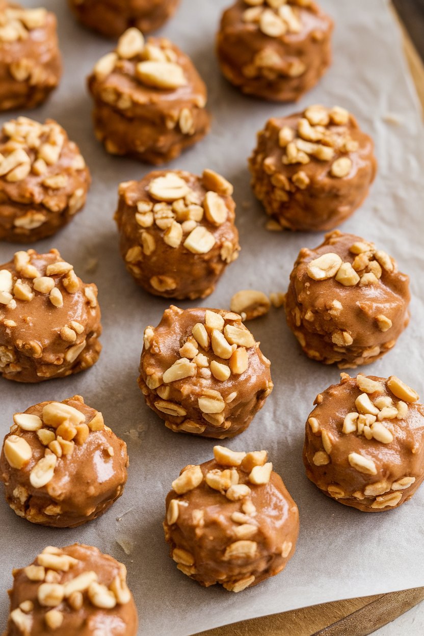 Indoor photo of round peanut butter–oat energy bites arranged neatly on parchment paper. No text or logos.