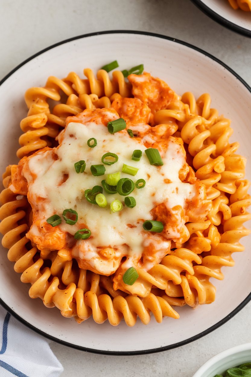 Indoor photo of spiral pasta coated in creamy buffalo sauce with chicken pieces, topped with melted Monterey Jack and a sprinkle of green onions. No visible text.