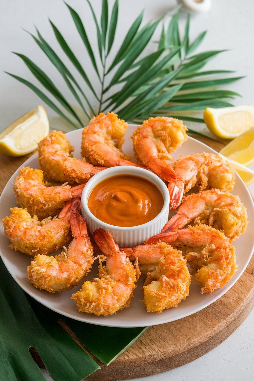 An indoor plate of golden coconut-crusted shrimp arranged around a small cup of sweet chili sauce—no text or logos. Photo, not illustration.