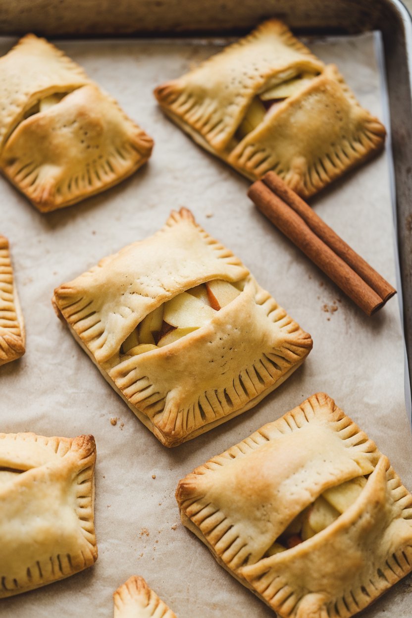 Photo prompt: Indoor baking sheet with golden vegan apple hand pies, flaky crusts vented on top, cinnamon sticks nearby. No text or logos. Photo, not illustration.