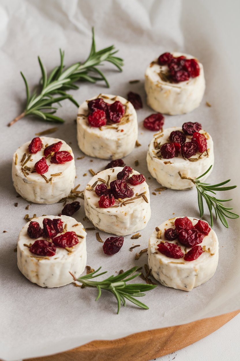 Indoor scene of small goat cheese rounds rolled in dried cranberries and chopped rosemary, presented on parchment. Photo, no text or logos.