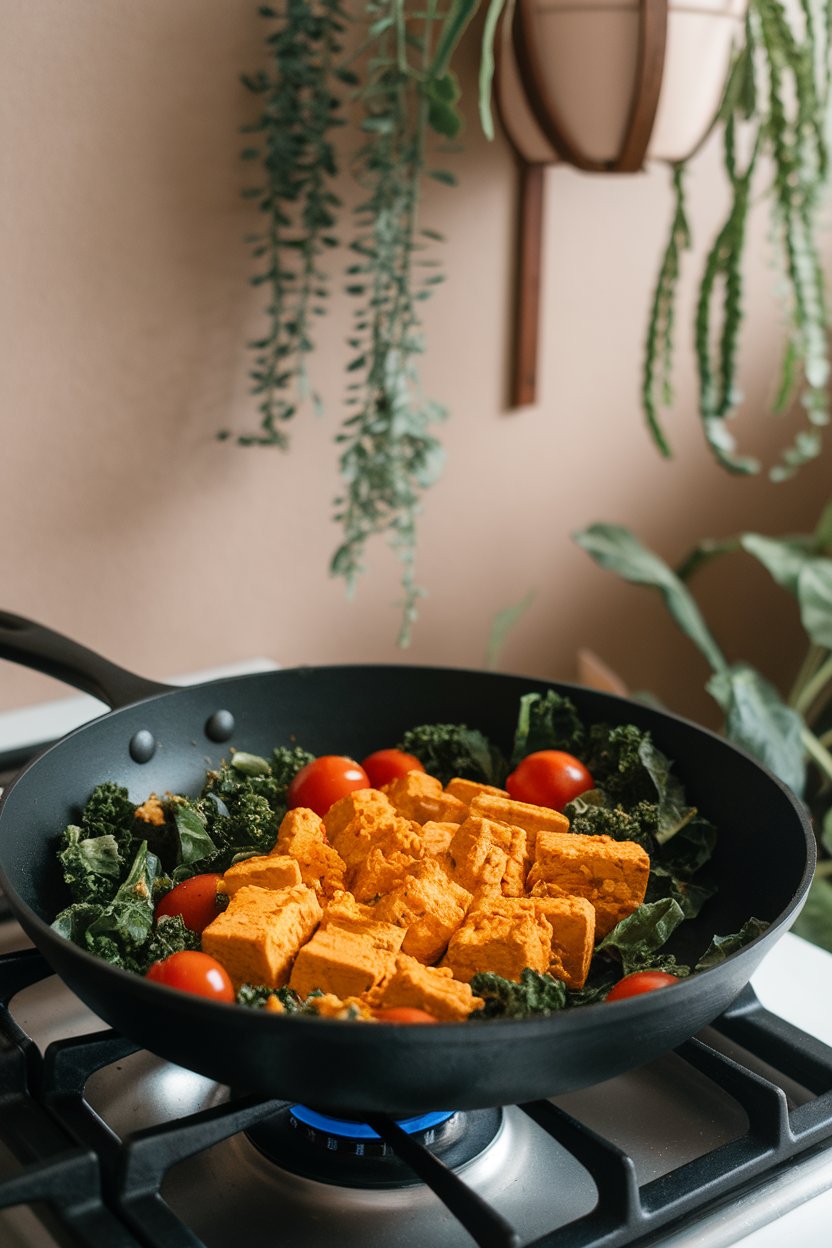 Indoor photo of a cast-iron pan with crumbled turmeric-hued tofu, wilted kale, and cherry tomatoes on a stovetop. No text or logos.