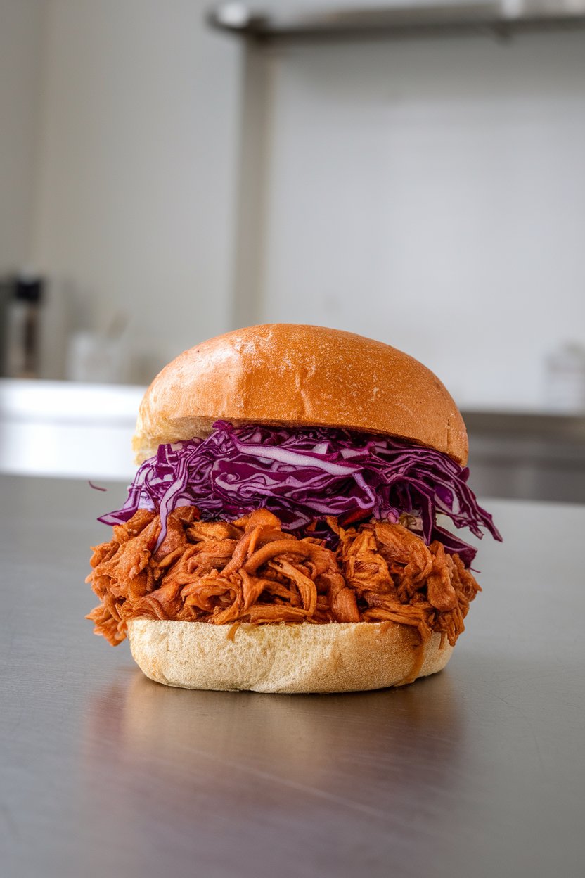 Indoor countertop with a whole-grain bun packed with saucy pulled jackfruit, topped with purple cabbage slaw. No text or logos. Photo only.