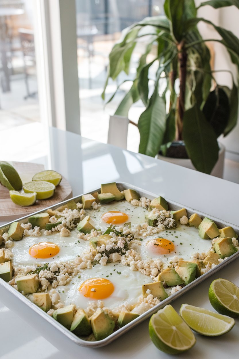 A brightly lit indoor counter with a sheet pan showing baked eggs surrounded by avocado cubes, crumbled cotija, and lime wedges, no text or logos.