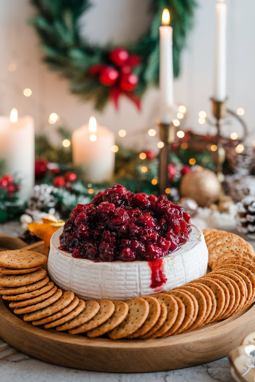 An indoor holiday table with a wheel of warm brie topped by glossy cranberry-Creole chutney, surrounded by multigrain crackers. No text or logos visible.
