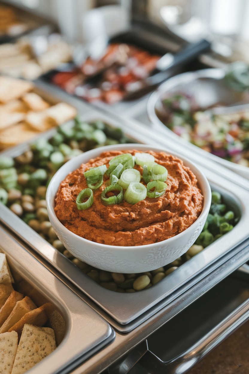 Indoor buffet tray showing a bowl of smoky black-eyed pea dip topped with sliced scallions. No branding or text visible.