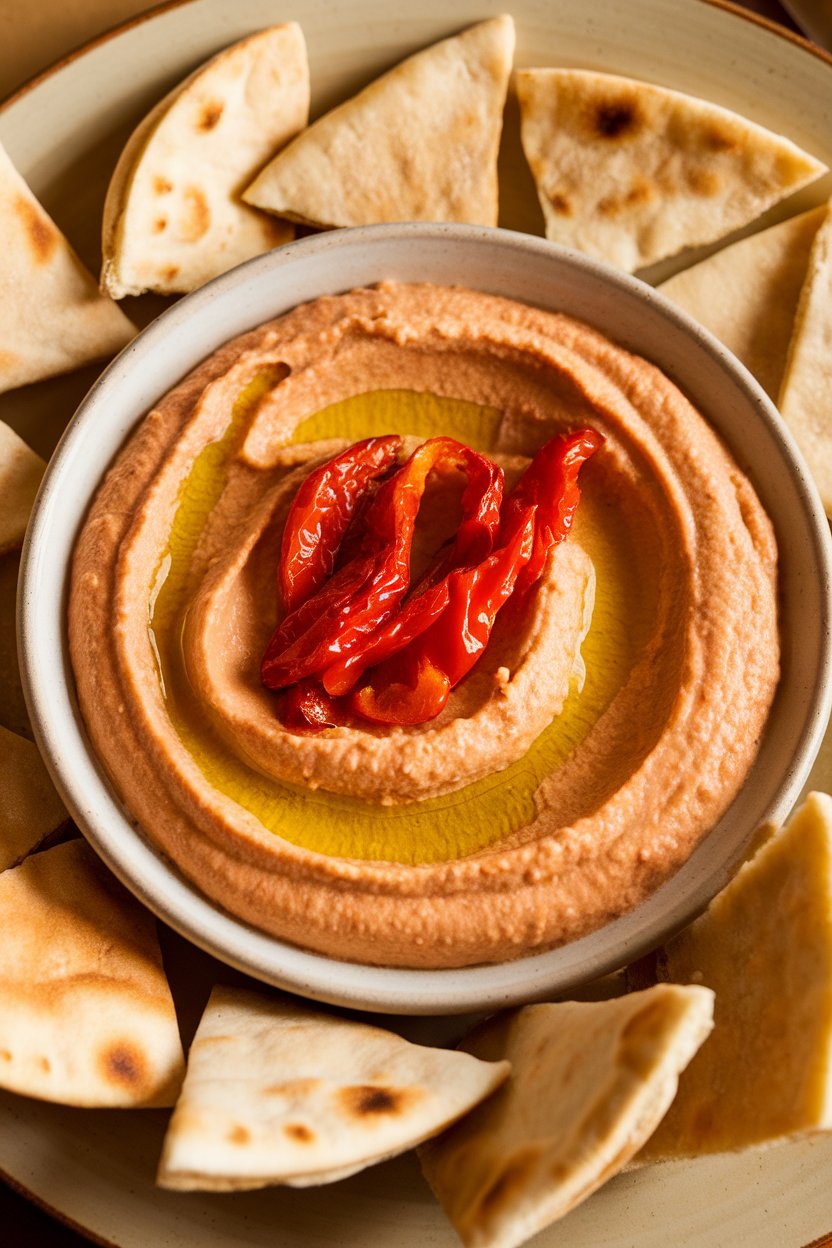 Indoor photo of smooth roasted red pepper hummus in a shallow bowl drizzled with olive oil, pita triangles arranged nearby. No text or logos.