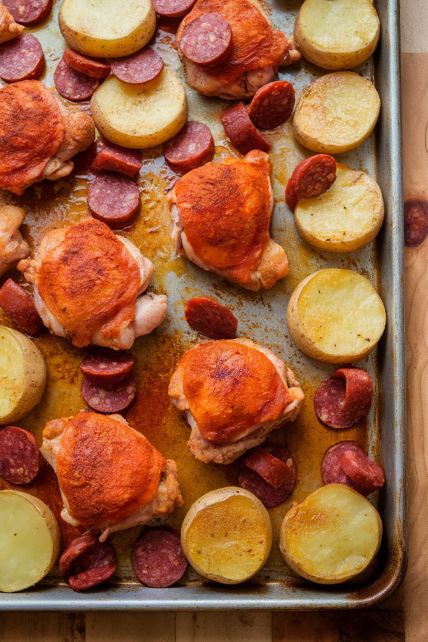 Indoor photo of chicken thighs rubbed with Spanish paprika, slices of cooked chorizo and potato rounds sharing a sheet pan, slight oily sheen. No text or logos.