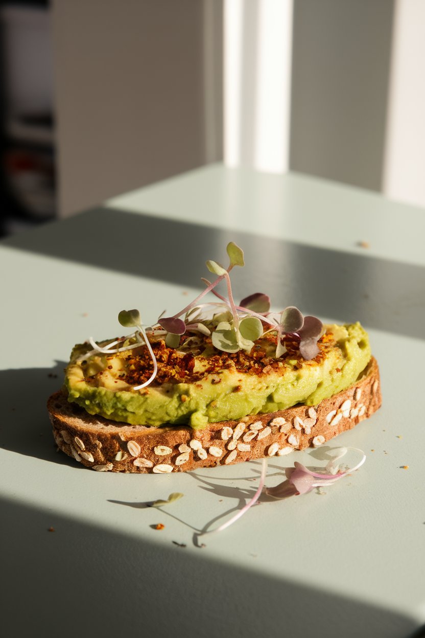 A sunlit indoor table showing a slice of hearty whole-grain toast spread with mashed avocado, sprinkled with chili flakes and microgreens. No branding or text visible; photo, not illustration.