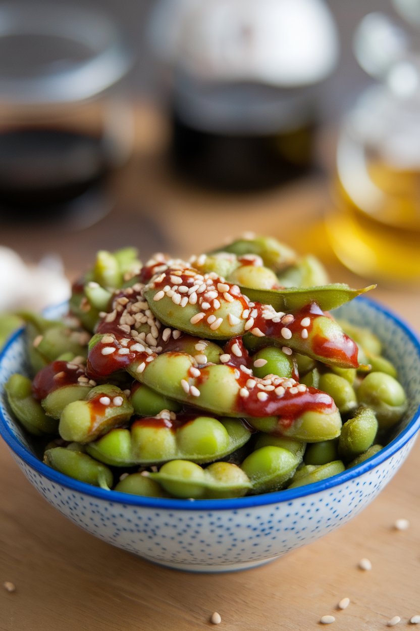 Indoor bowl with cooked edamame pods tossed in chili garlic sauce, sesame seeds sprinkled on top, no text or logos. Photo only.