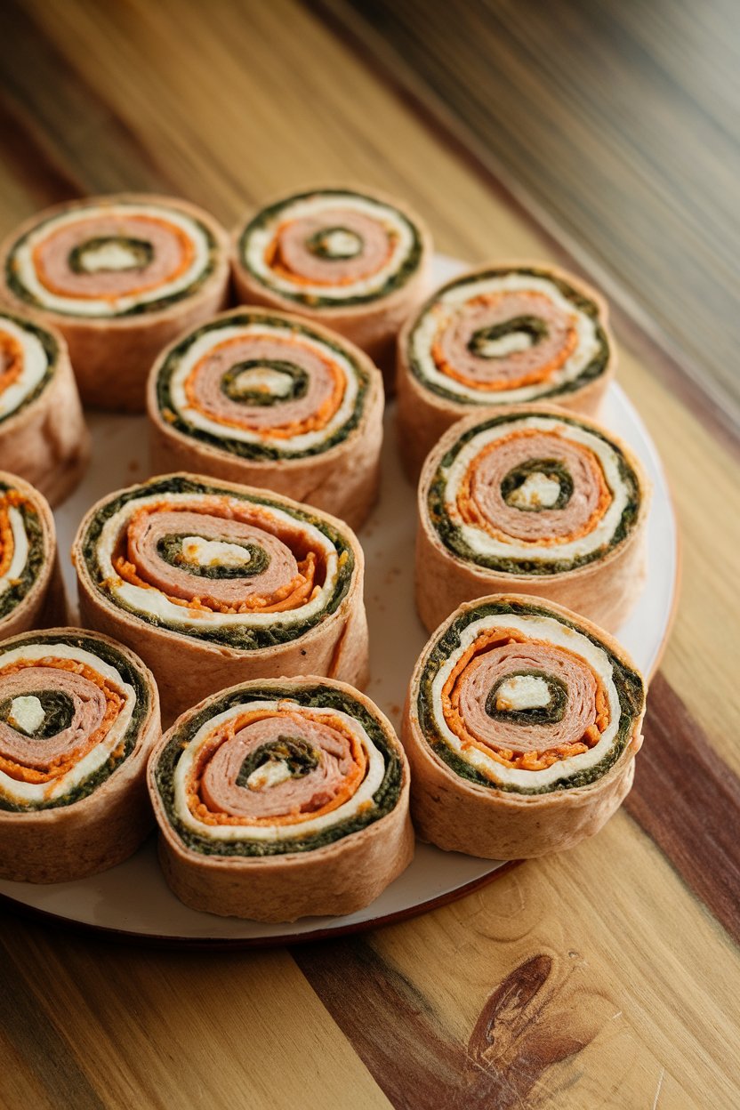 Indoor photo of sliced pinwheels showing turkey, spinach, and spicy cream cheese spiraled in whole-wheat tortillas on a platter. No text or logos.
